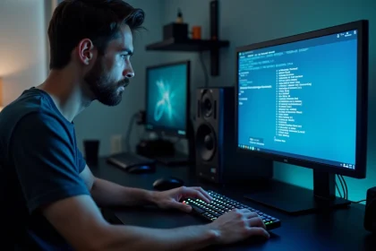 Un homme appuie sur la touche Suppr pour accéder au BIOS AORUS après un redémarrage Windows