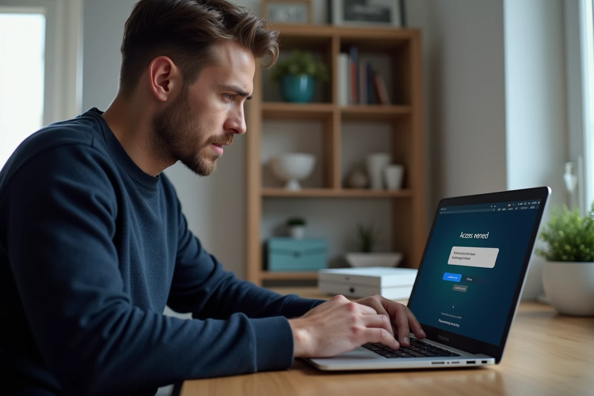 Homme frustré devant un accès refusé sur mafreebox.freebox.fr avec un routeur Freebox posé sur le bureau