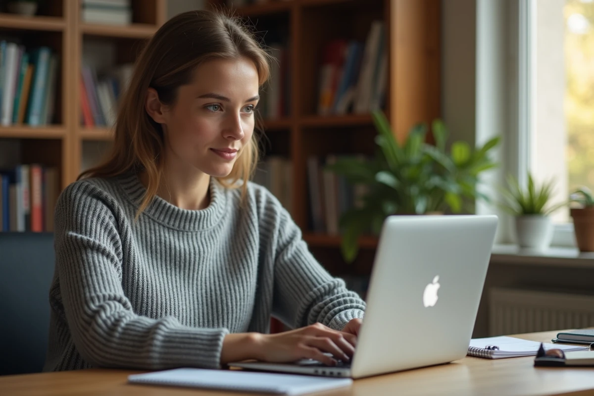 Femme accédant à son webmail universitaire de Grenoble depuis son bureau à domicile sur un ordinateur portable