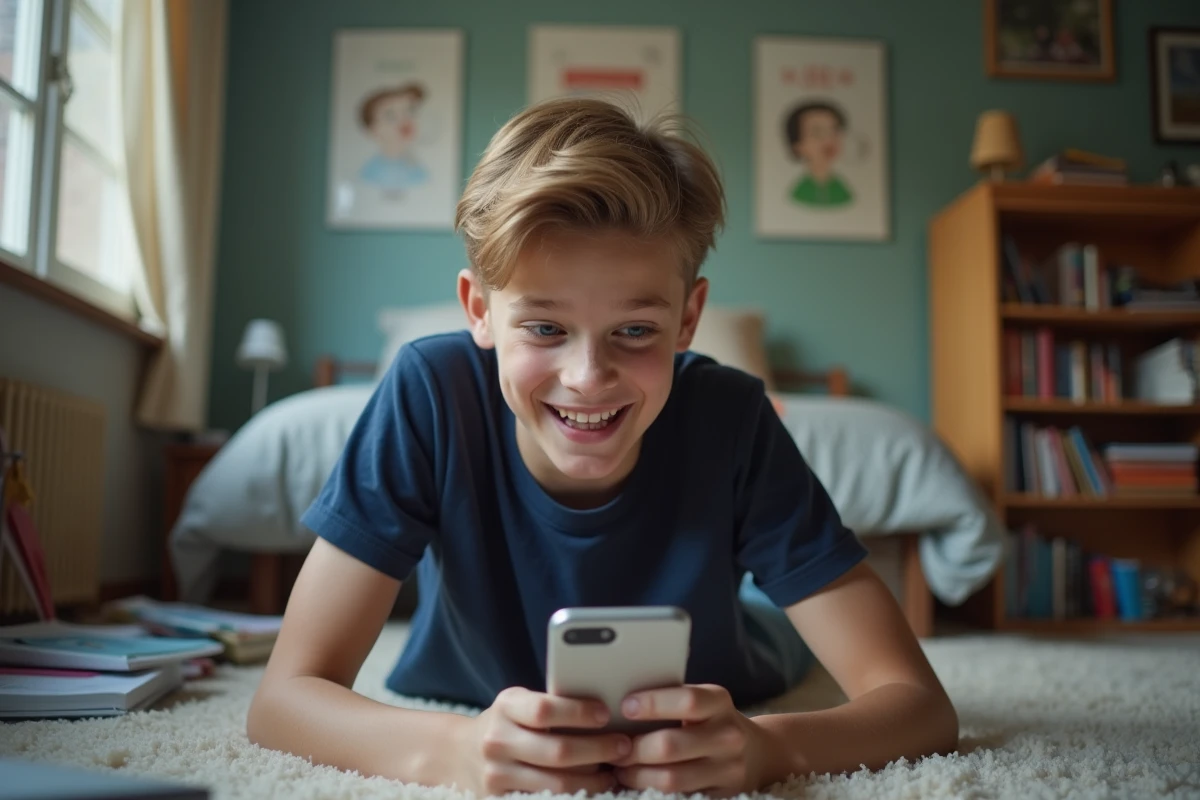 Adolescent souriant allongé sur le sol de sa chambre en regardant une vidéo virale barrel roll sur son smartphone