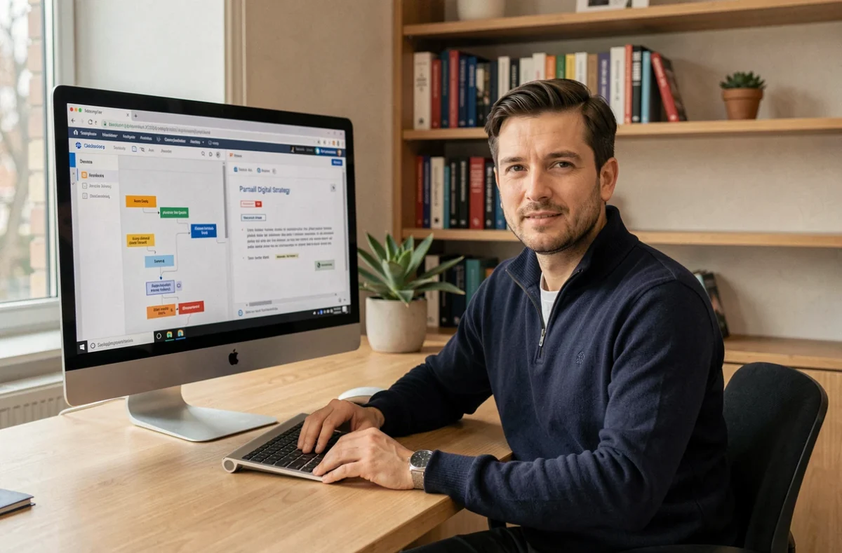 Stratège digital d'Adveris dans le Nord travaillant sur une feuille de route de développement web et une stratégie digitale sur un bureau en L dans un open space moderne