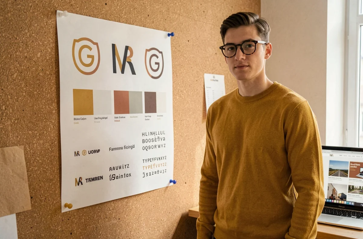 Designer de l'agence Spritz à Lille présentant un système d'identité de marque imprimé en grand format sur un mur en liège, avec un mockup de site web visible sur un ordinateur portable à côté