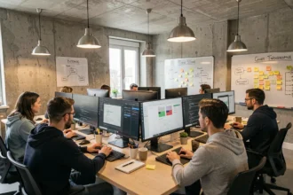 Vue panoramique d'une agence de développement web dans le Nord avec des équipes collaborant autour d'écrans affichant du code et des maquettes digitales
