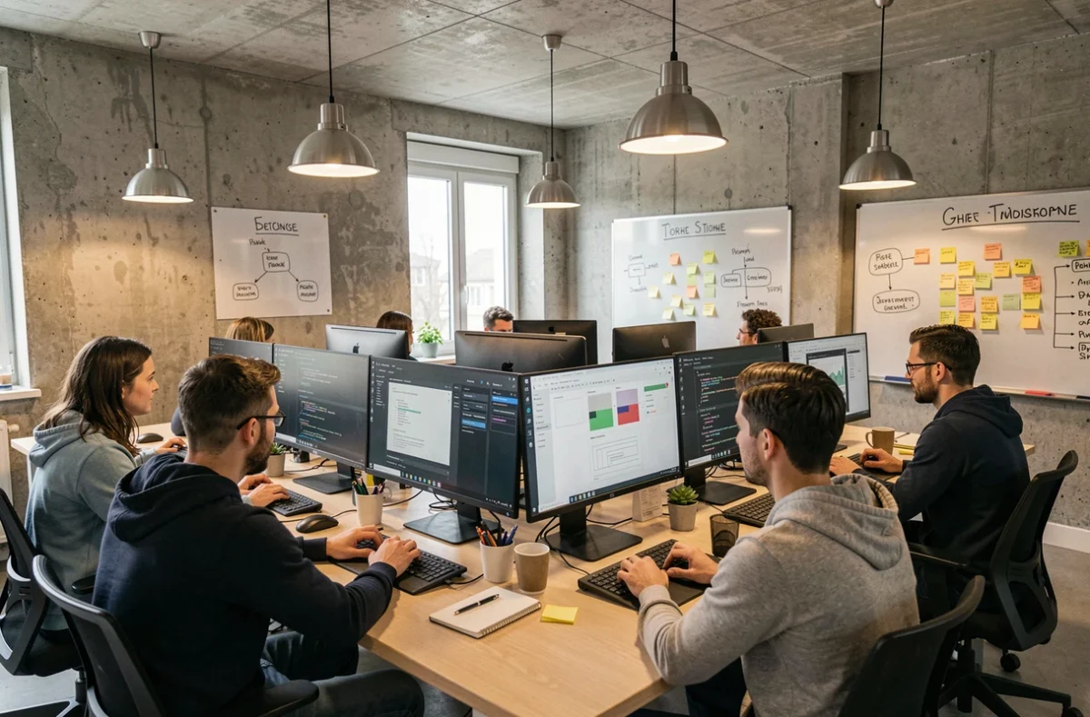 Vue panoramique d'une agence de développement web dans le Nord avec des équipes collaborant autour d'écrans affichant du code et des maquettes digitales