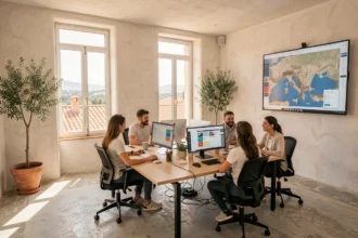 Studio de webdesign moderne en Provence-Alpes-Côte d'Azur avec designers collaborant autour d'écrans affichant des maquettes numériques