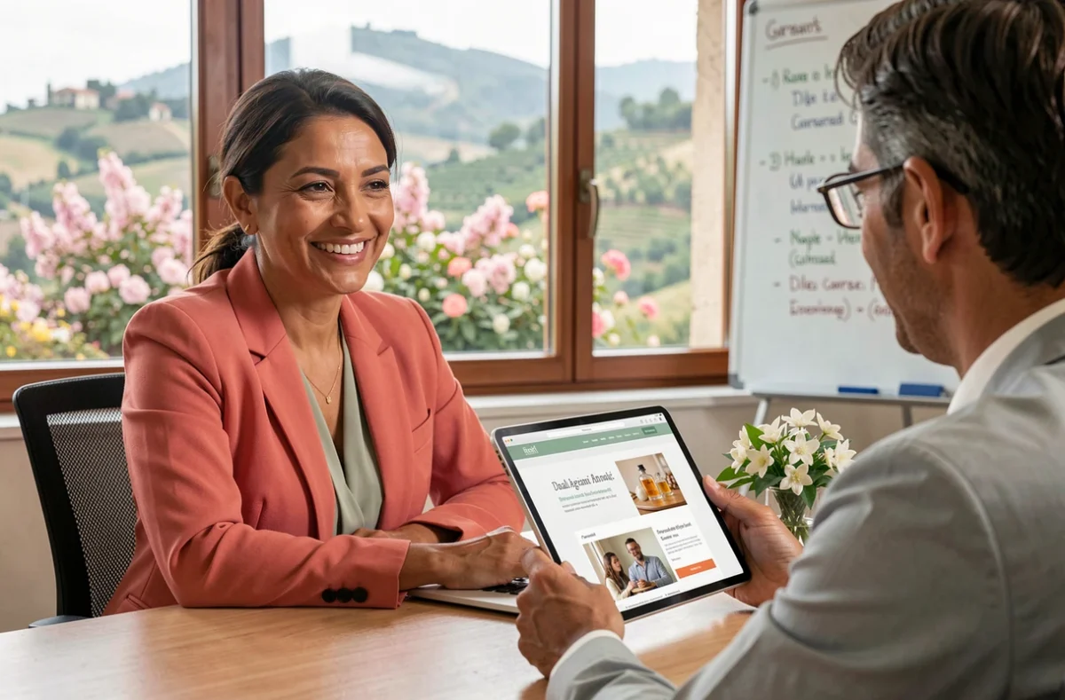 Consultante digitale féminine présentant une proposition de site web à un dirigeant de TPE ou PME dans un bureau à Grasse