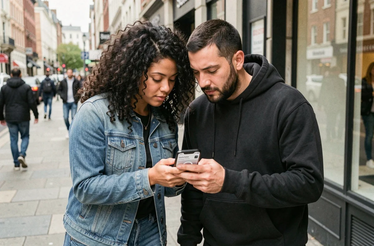Deux amis comparant des applications de sonneries musicales sur un iPhone en ville