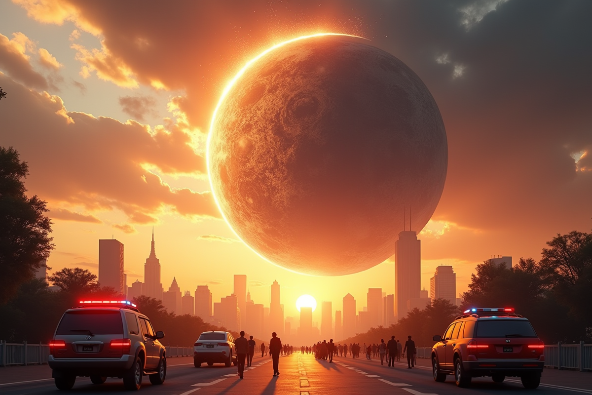 Asteroide massive fonçant vers la terre au lever du soleil