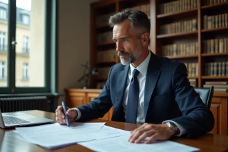 Avocat français examinant des documents juridiques liés au droit du partage de fichiers en ligne en France en 2026