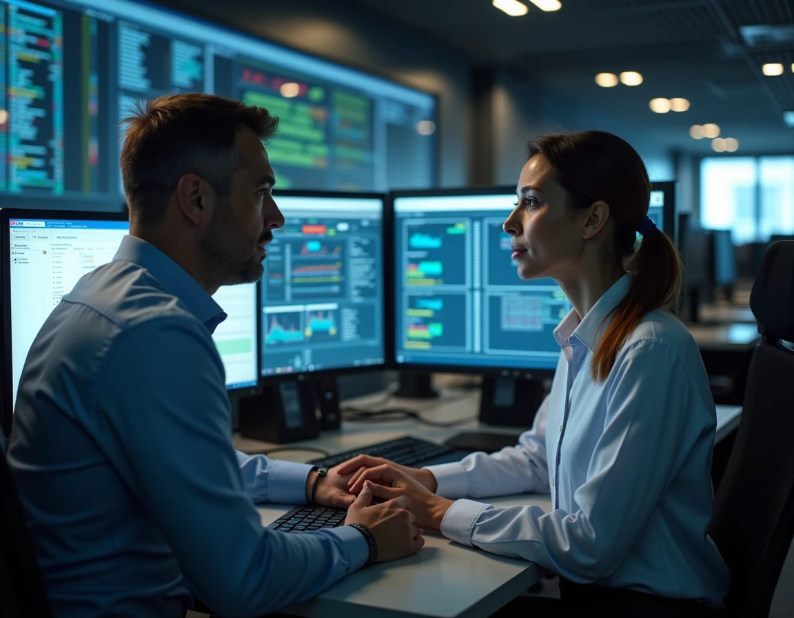 Deux spécialistes IT collaborant sur la maintenance et l'exploitation de services en cluster dans un centre d'opérations réseau