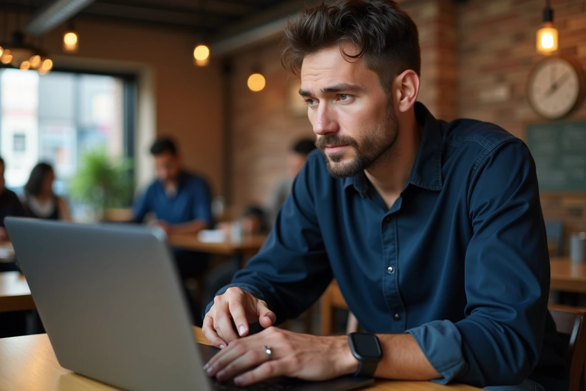 Homme cliquant sur le bouton Actualiser de Google Chrome dans un café avec son ordinateur portable