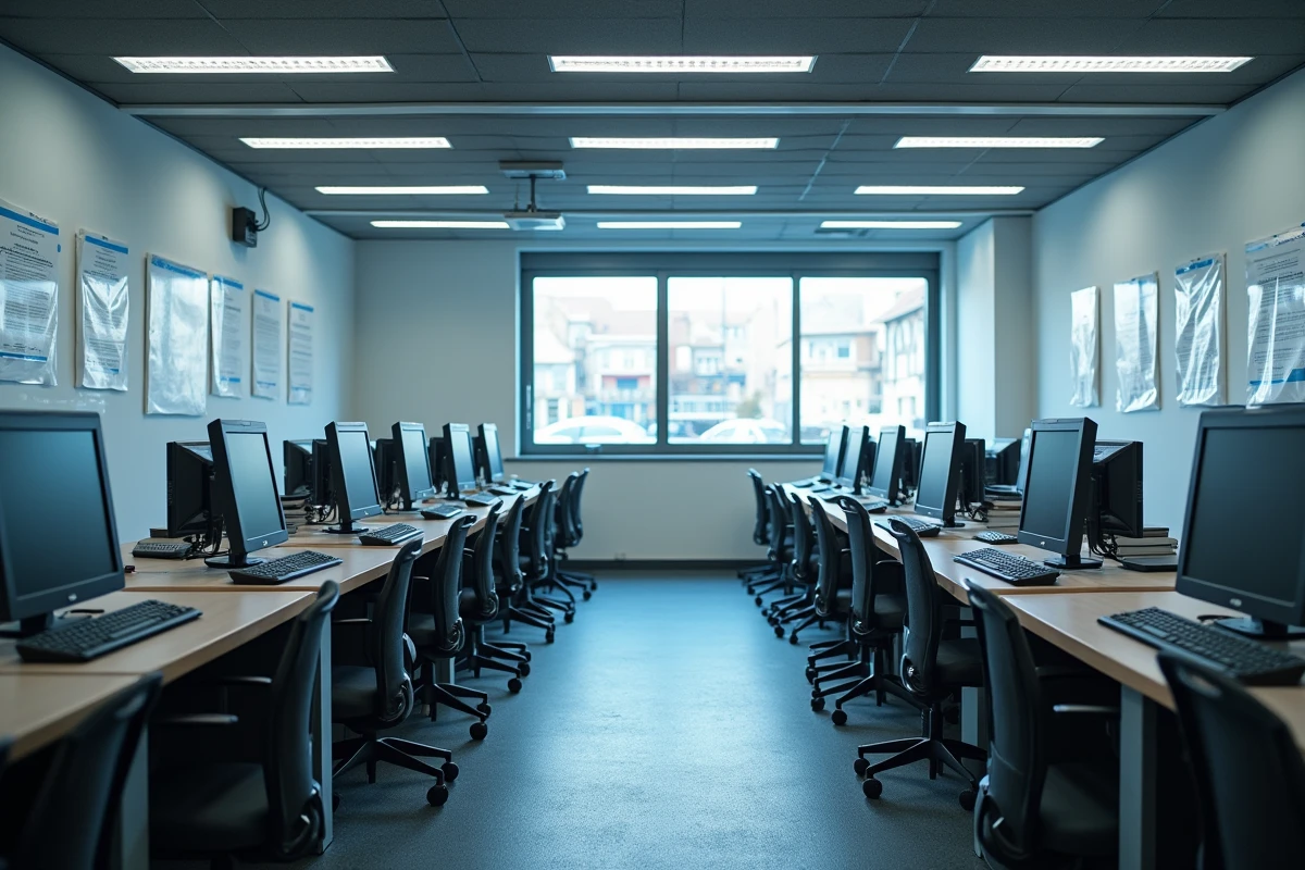 Bureau administratif français avec postes informatiques affichant des sites réglementaires liés à la loi sur le téléchargement et le partage de fichiers en 2026