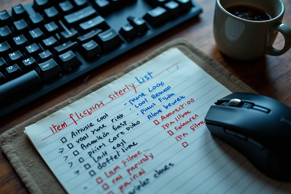 Vue de dessus d'un bureau gaming avec notes manuscrites et guide de configuration de loot filter pour Path of Exile 2