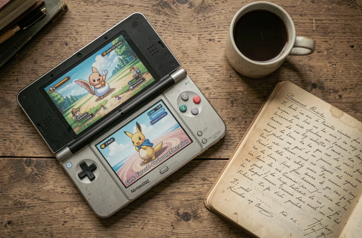 Vue du dessus d'un bureau avec une Nintendo DS, un guide Pokemon Platine en français et des notes manuscrites