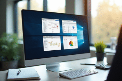 Espace de travail moderne avec écran affichant diagrammes de bases de données