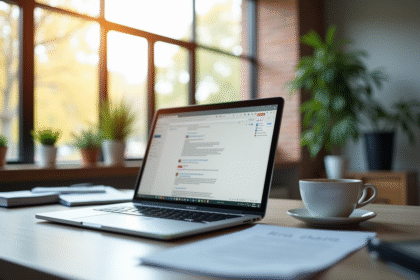 Espace de travail moderne avec ordinateur portable et café lumineux