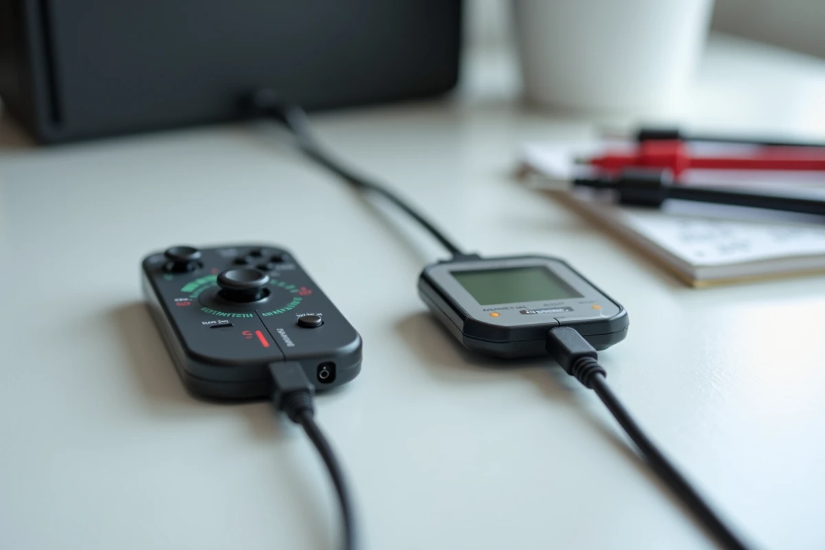 Comparaison de câbles USB-C pour Nintendo Switch avec un multimètre pour diagnostiquer un problème de charge