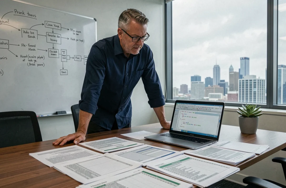 Cadre masculin analysant des rapports Excel avec un script de boucle VBA sur un ordinateur portable en salle de réunion