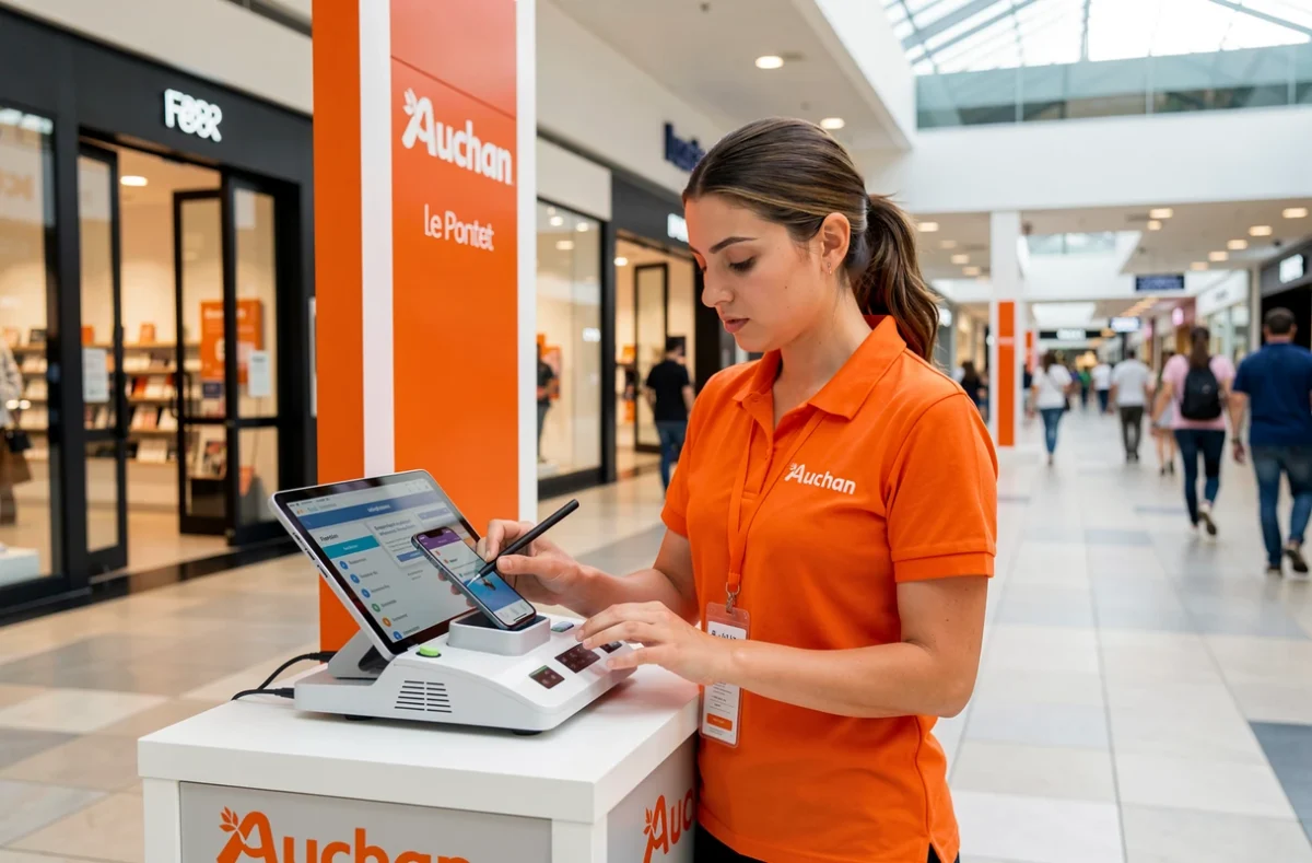 Technicienne Care au kiosque de réparation dans le centre commercial Auchan Le Pontet