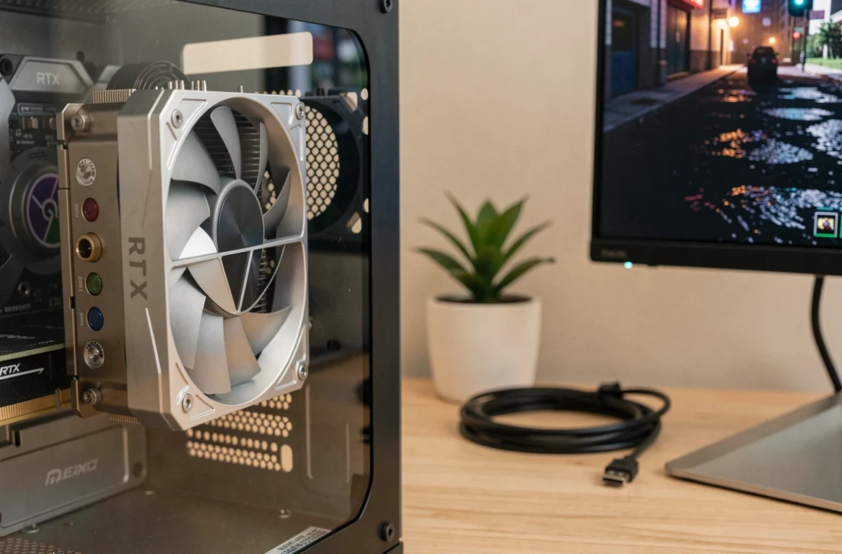 Gros plan sur une carte graphique RTX 4070 installée dans un PC gaming avec écran OLED 1440p en arrière-plan