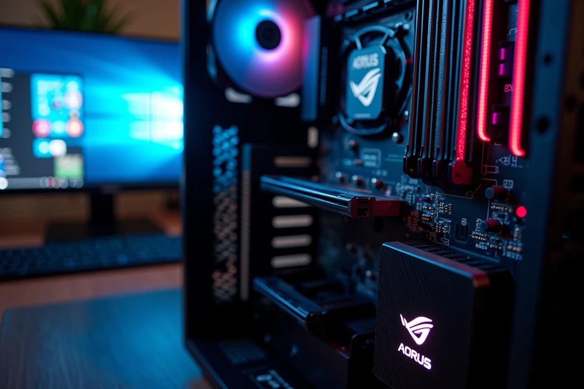 Carte mère AORUS dans un boîtier PC avec panneau en verre trempé, contexte d'accès au BIOS