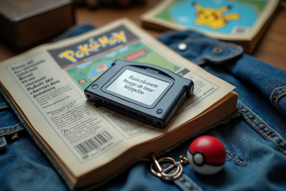 Gros plan d'une cartouche Game Boy Advance Pokémon française posée sur un magazine rétro et une veste en jean