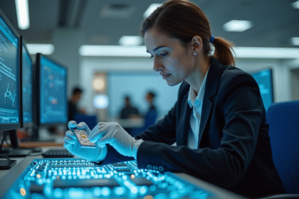 Chercheuse en informatique quantique analysant une puce dans un laboratoire