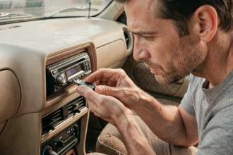 Homme insérant une clé USB dans un autoradio ancien avec message d'erreur sur l'écran LCD