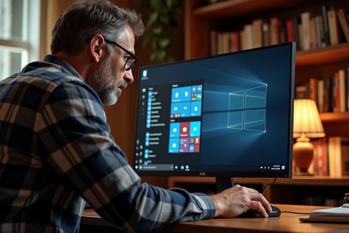Homme dans un bureau à domicile effectuant un clic droit sur le menu Démarrer Windows pour envoyer un raccourci sur le bureau