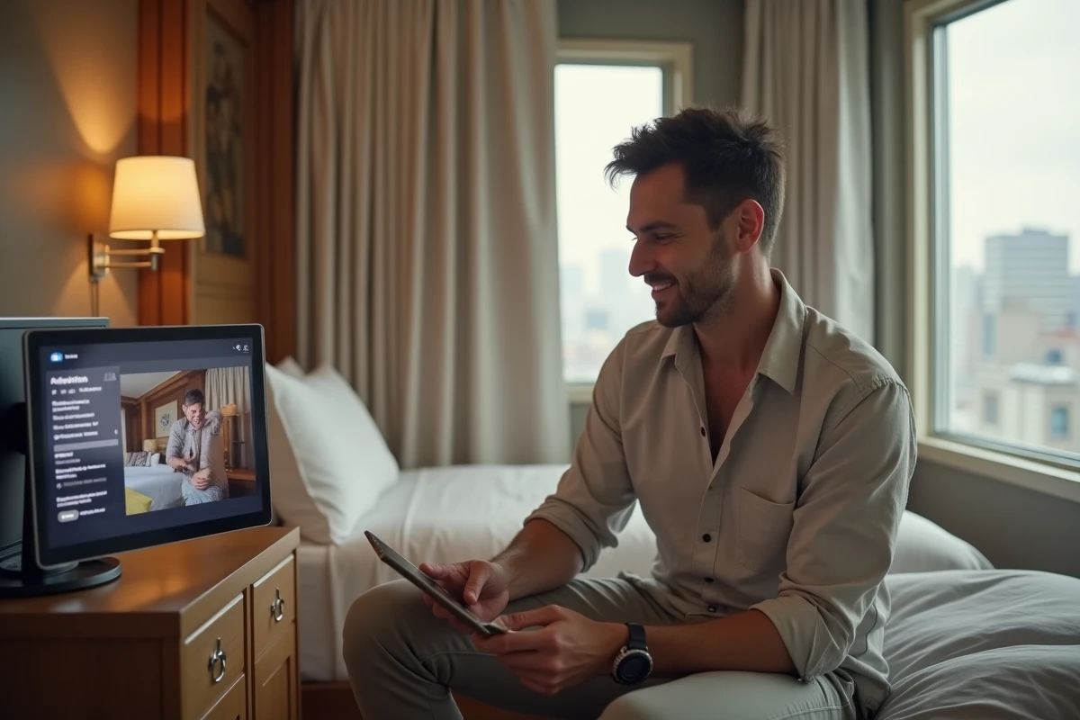 Client d'hôtel utilisant une interface numérique connectée dans sa chambre pour accéder aux services hôteliers en self-service