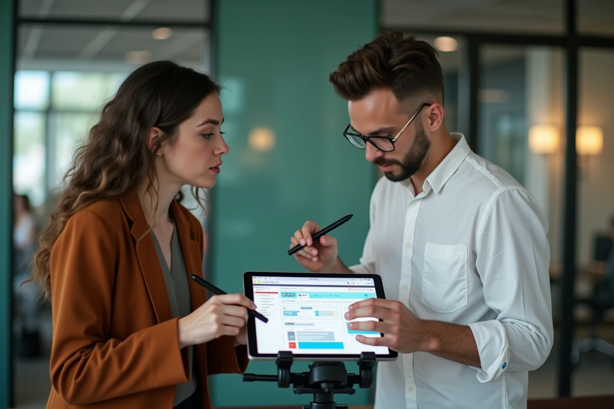 Deux développeurs collaborant autour d'une maquette de mise en page CSS sur tablette dans un espace de coworking contemporain
