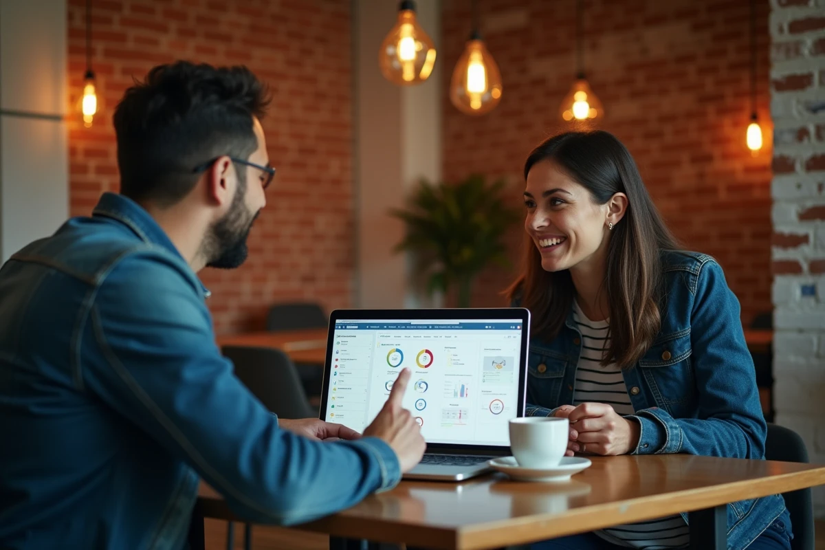 Deux collègues analysant ensemble un tableau de bord de confidentialité des données sur un ordinateur portable dans un espace de coworking
