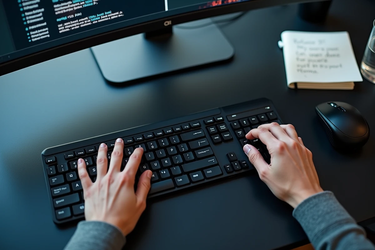 Vue du dessus d'un clavier avec la touche F5 et une souris près du bouton actualiser dans Chrome