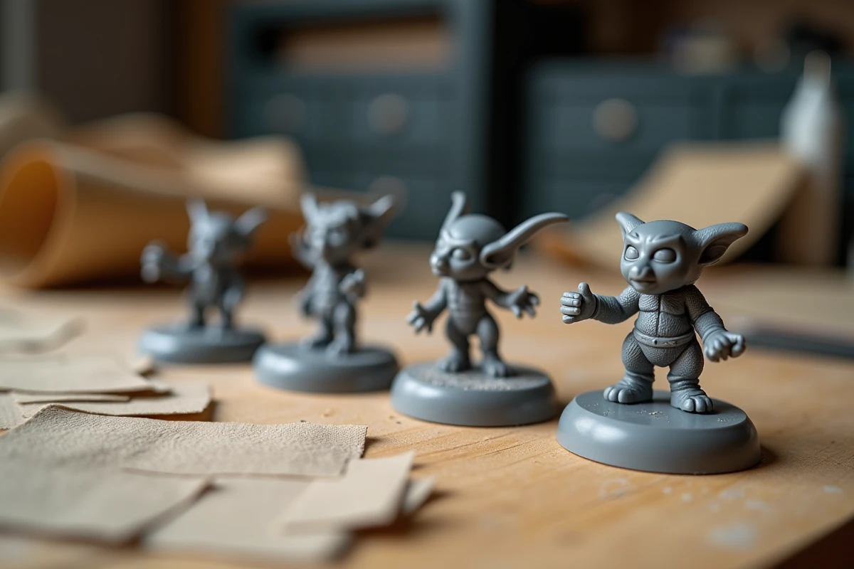 Trois figurines de fantasy en cours de finition sur un établi de hobbyiste, comparaison des étapes d'impression 3D