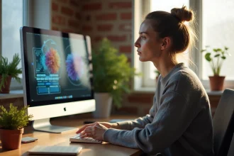 Femme comparant des images générées par Leonardo AI et Midjourney sur un écran d'ordinateur dans un bureau créatif