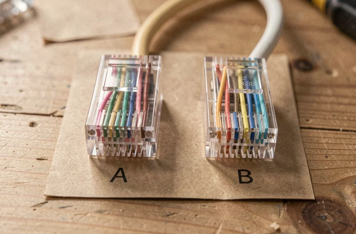 Comparaison côte à côte des câblages RJ45 norme A et norme B avec fils colorés visibles dans les connecteurs transparents