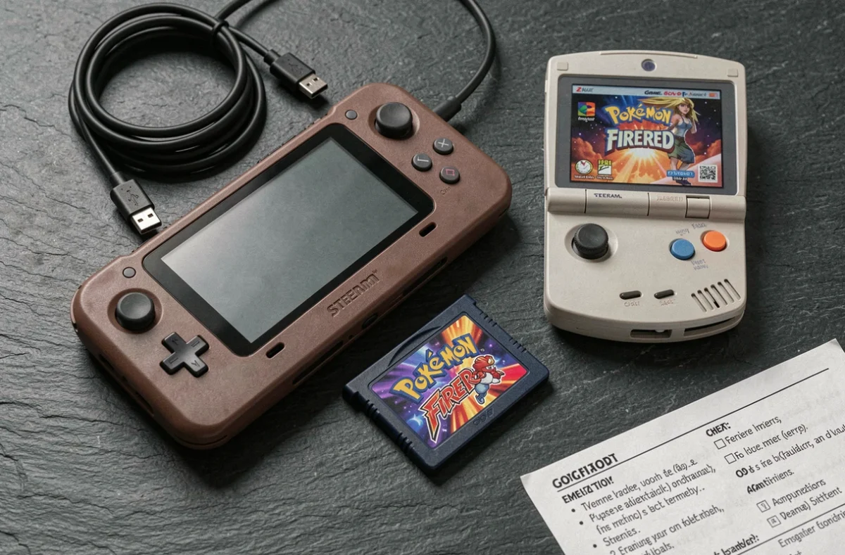 Comparaison Steam Deck et Game Boy Advance avec cartouche Pokemon GBA en vue de dessus