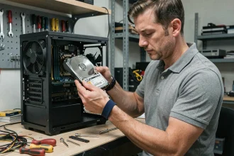 Technicien tenant un disque dur 3,5 pouces à côté d'une carte mère ATX pour vérifier la compatibilité des connecteurs SATA