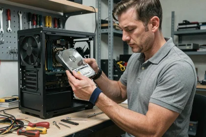 Technicien tenant un disque dur 3,5 pouces à côté d'une carte mère ATX pour vérifier la compatibilité des connecteurs SATA