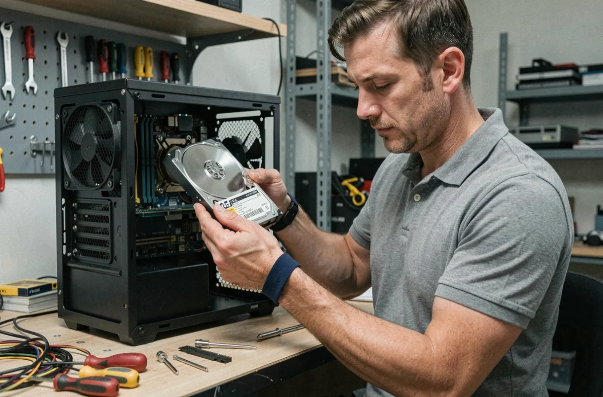 Technicien tenant un disque dur 3,5 pouces à côté d'une carte mère ATX pour vérifier la compatibilité des connecteurs SATA