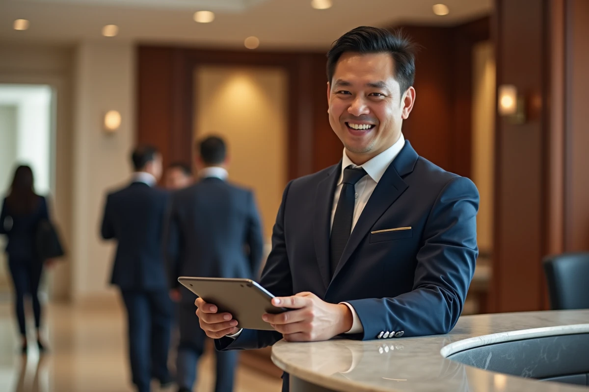 Concierge d'hôtel utilisant une tablette numérique à la réception pour améliorer le service client grâce aux outils IT