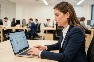 Femme professionnelle configurant la messagerie INRAE sur Outlook dans un bureau moderne