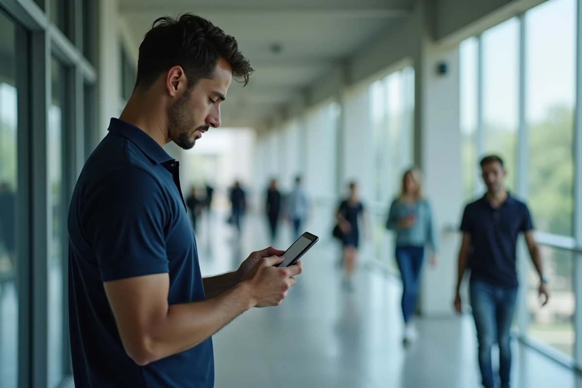 Enseignant configurant le webmail académique Nantes sur smartphone Android dans un couloir universitaire