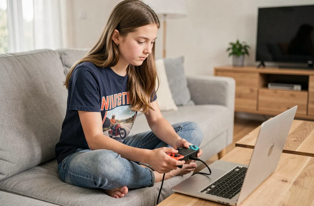 Adolescente connectant une manette Switch Pro à un ordinateur portable via câble USB-C dans un salon moderne