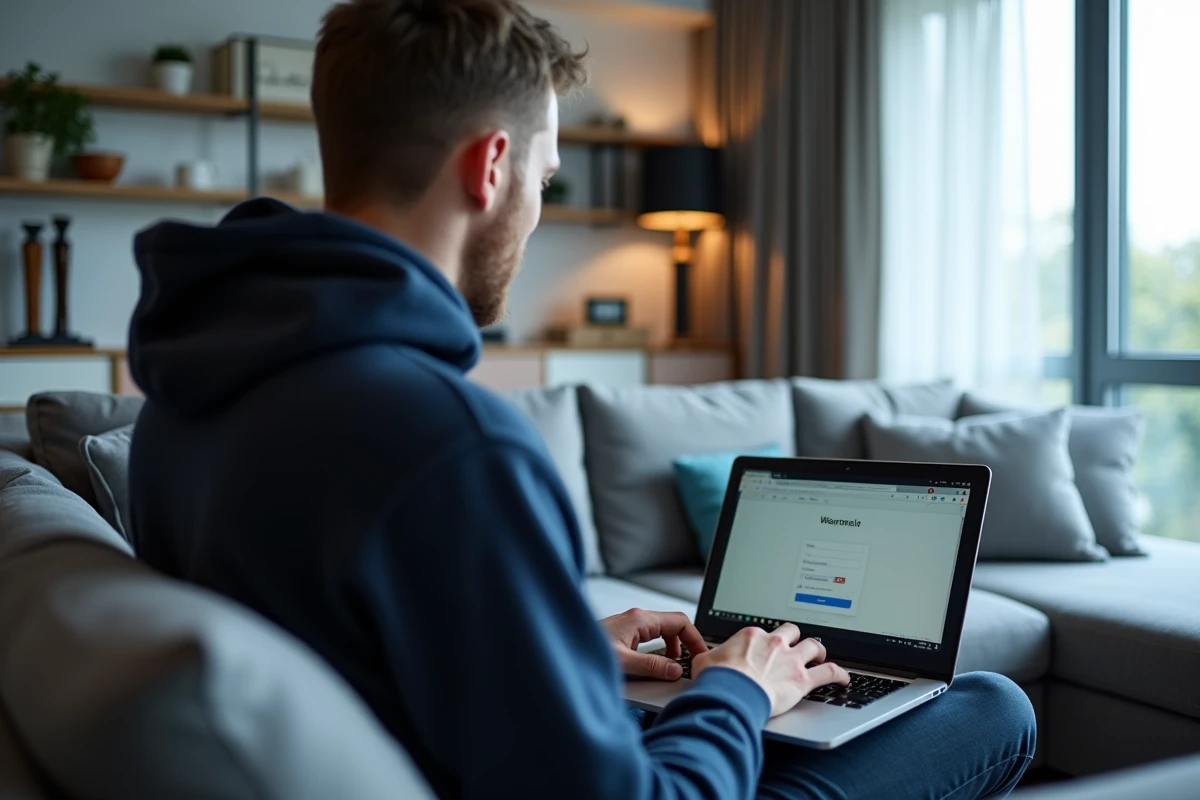 Homme connecté à un webmail de l'université de Grenoble depuis son salon à la maison