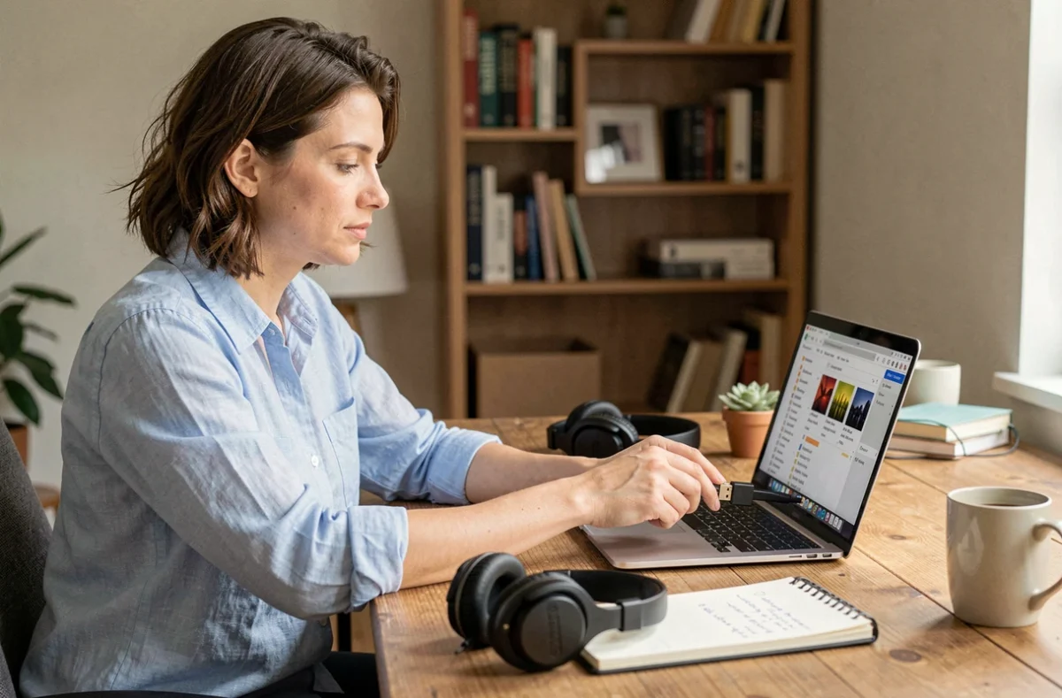 Femme convertissant des fichiers musicaux en MP3 sur ordinateur pour les transférer sur clé USB autoradio