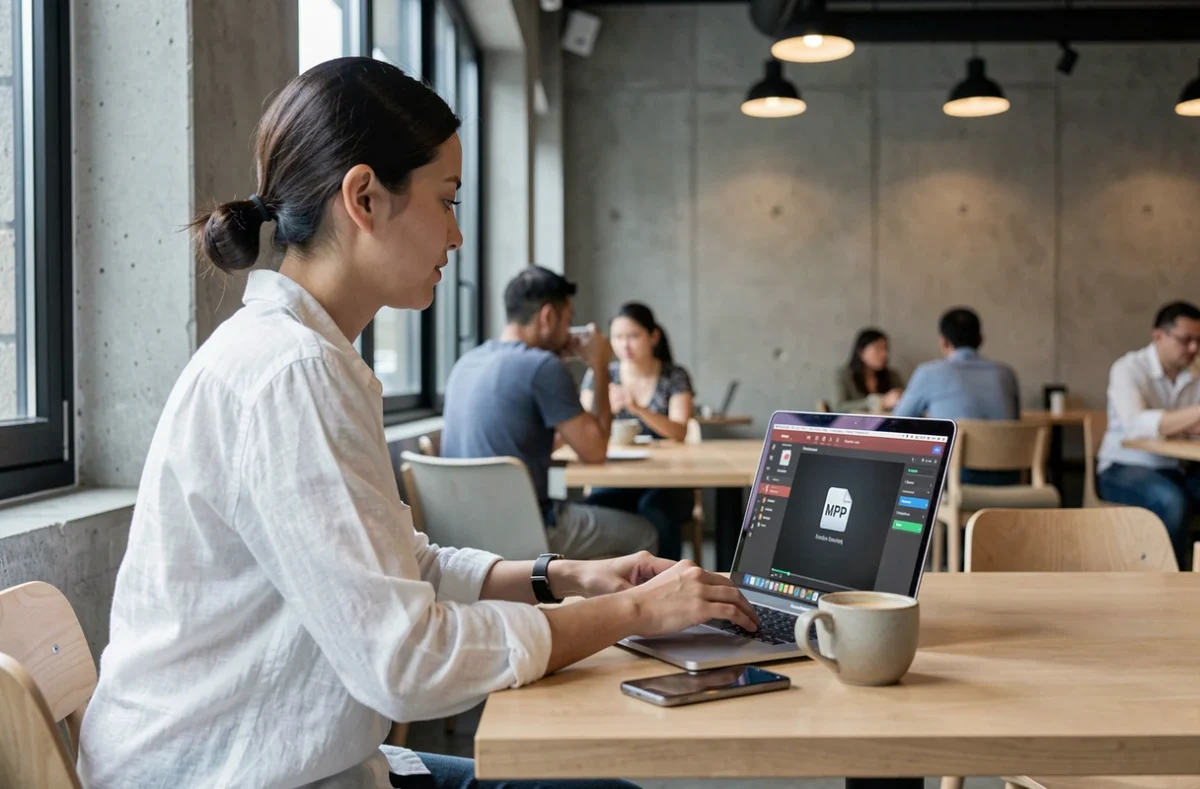 Femme convertissant une vidéo YouTube en MP4 dans un café avec son MacBook