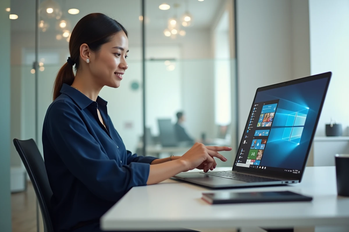 Femme en bureau professionnel créant un raccourci Windows sur le bureau depuis le menu Démarrer sur un laptop