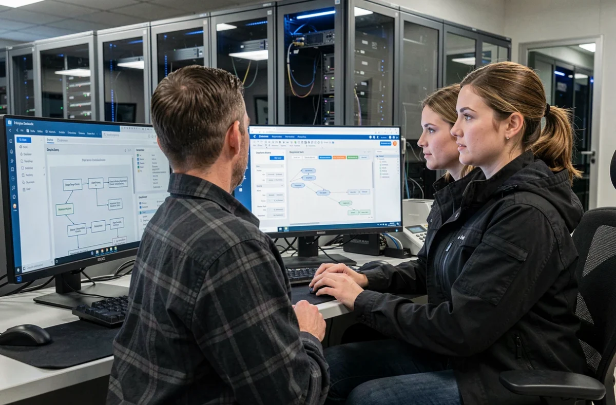 Deux ingénieurs logiciels de DATASOLUTION travaillant côte à côte sur des solutions logicielles d'entreprise avec des schémas de bases de données et des pipelines de déploiement affichés sur plusieurs écrans