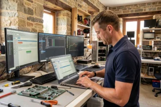 Atelier de dépannage informatique dans le Morbihan avec un technicien réparant un ordinateur portable sur un établi professionnel